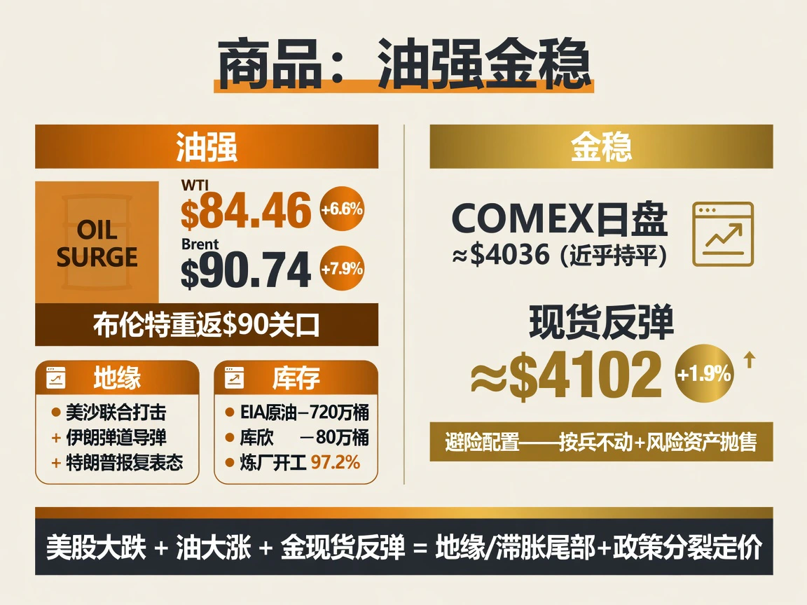 商品:WTI +6.6%至$84.46 布伦特+7.9%至$90.74,地缘与库存双引擎;黄金现货反弹至$4102