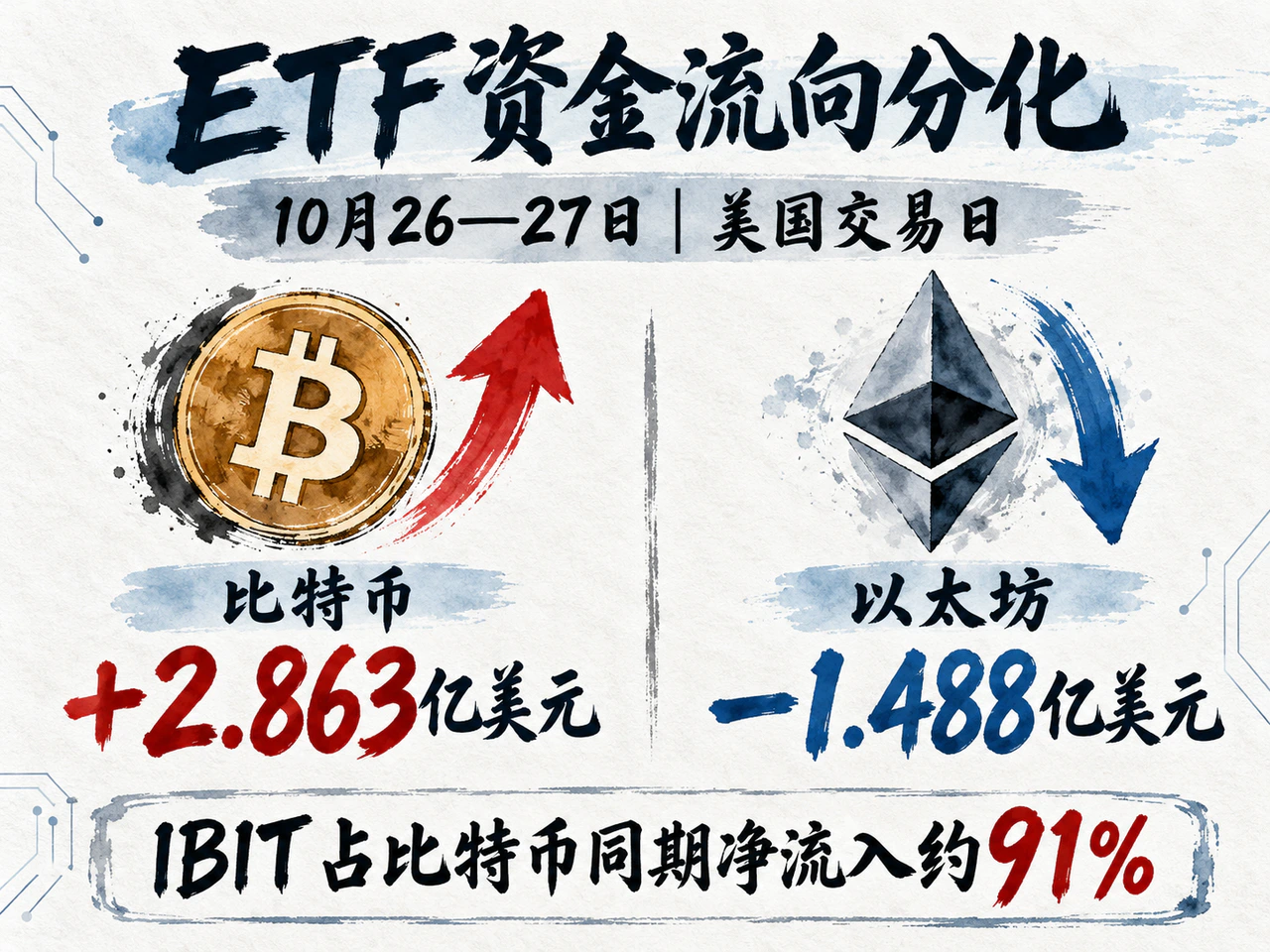 U.S. trading days October 26–27: Bitcoin ETFs received net inflows of US$286.3 million; Ether ETFs lost US$148.8 million. IBIT accounted for approximately 91% of the aggregate Bitcoin ETF inflow.