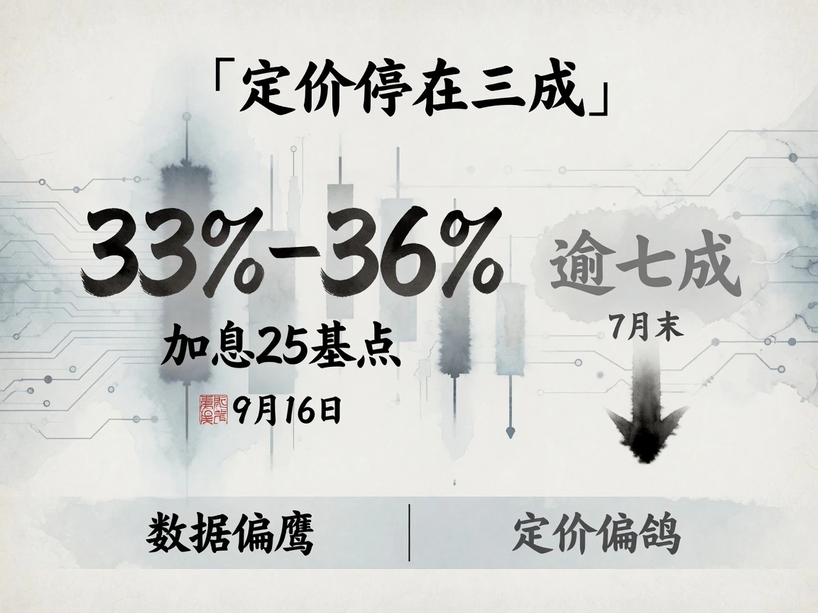 9月16日加息25基点概率约33%–36%,较7月末逾七成回落;数据偏鹰、定价偏鸽