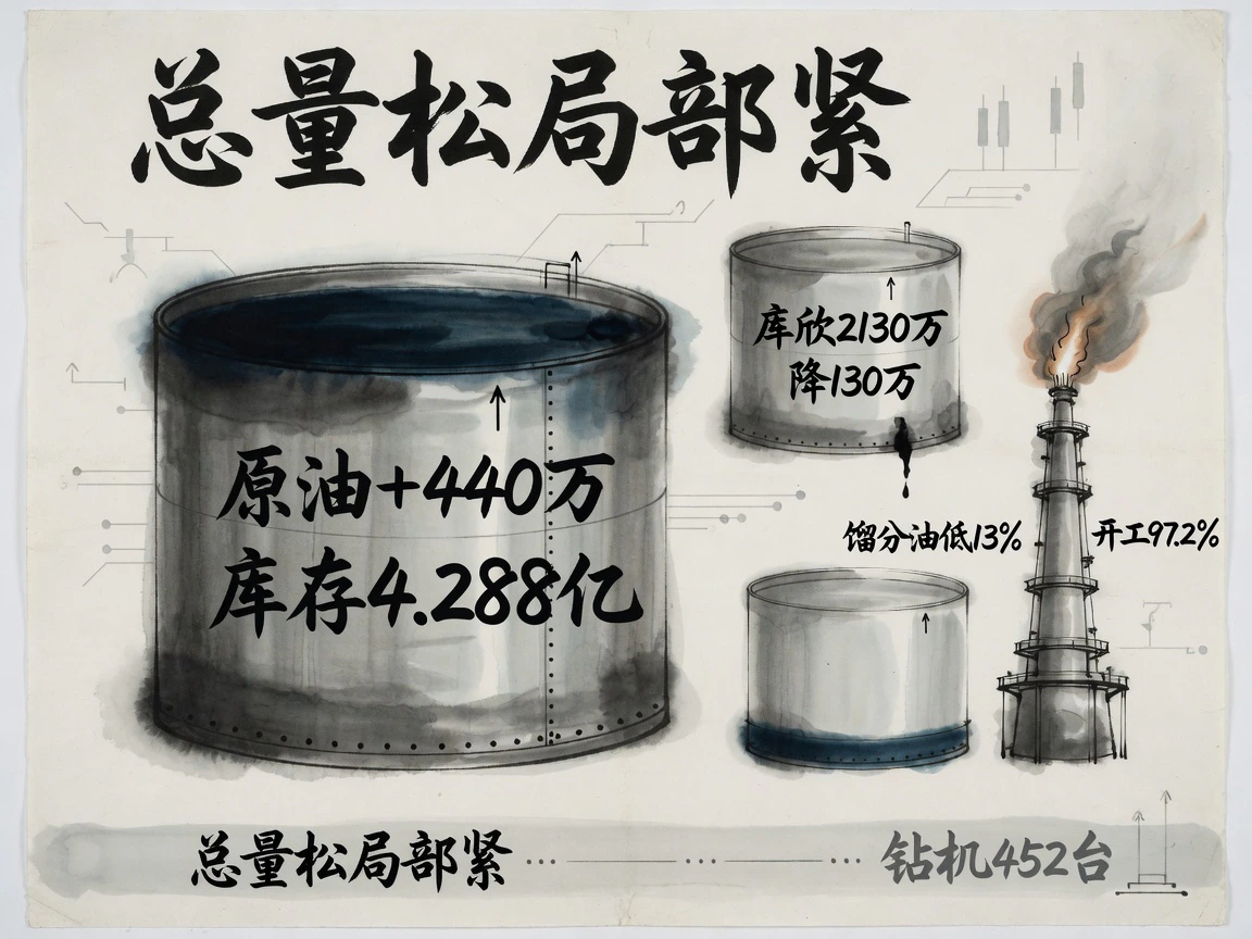原油累库440万桶至4.288亿桶,库欣降至2130万桶,馏分油低于均值13%