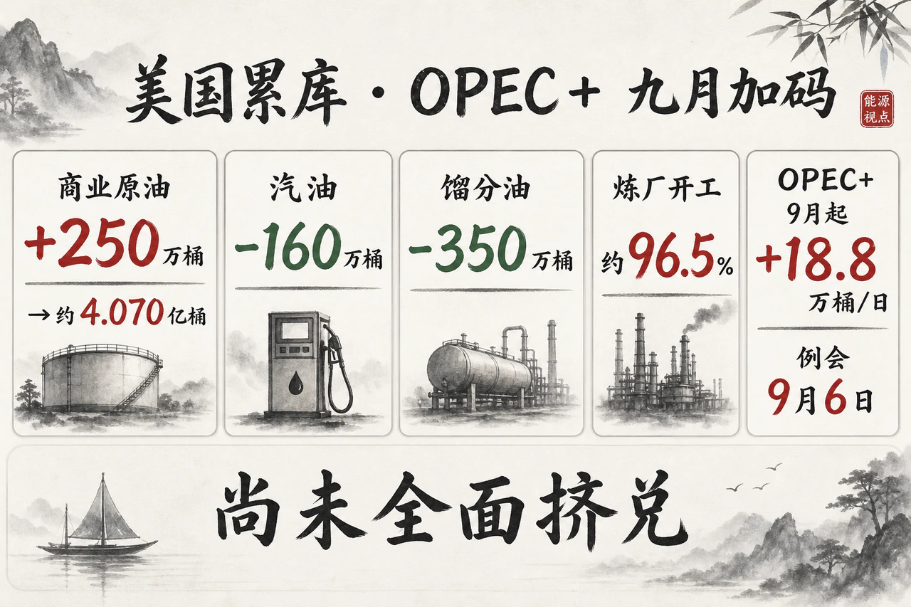 EIA：商业原油+250万桶至约4.070亿桶，汽油−160万桶，馏分油−350万桶，炼厂开工约96.5%；OPEC+自2026年9月起合计上调约18.8万桶/日，例会9月6日——纸货交易海峡条款，库存显示尚未全面挤兑