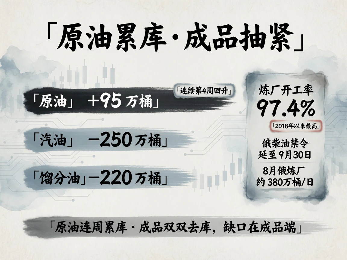 原油库存+95万桶连续第四周回升，汽油馏分油双双去库，炼厂开工率97.4%