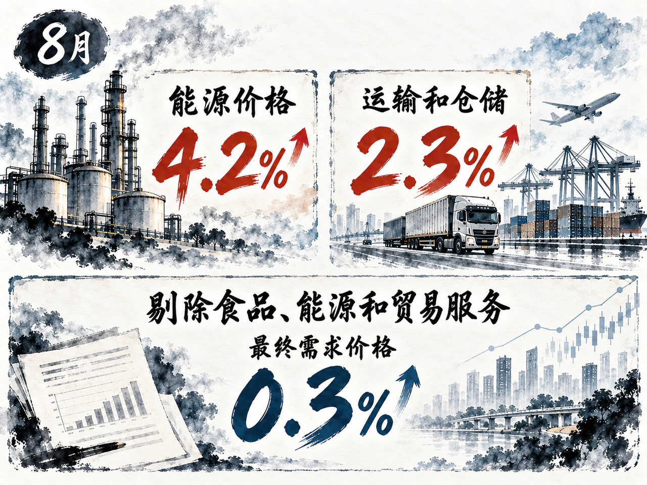 8月能源与运输成本上行,剔除食品、能源和贸易服务后的价格涨幅放缓
