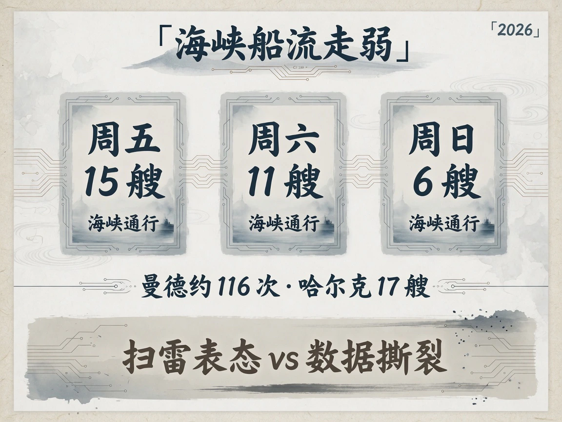 霍尔木兹船流走弱:周五15至周日6艘与扫雷表态撕裂信息图