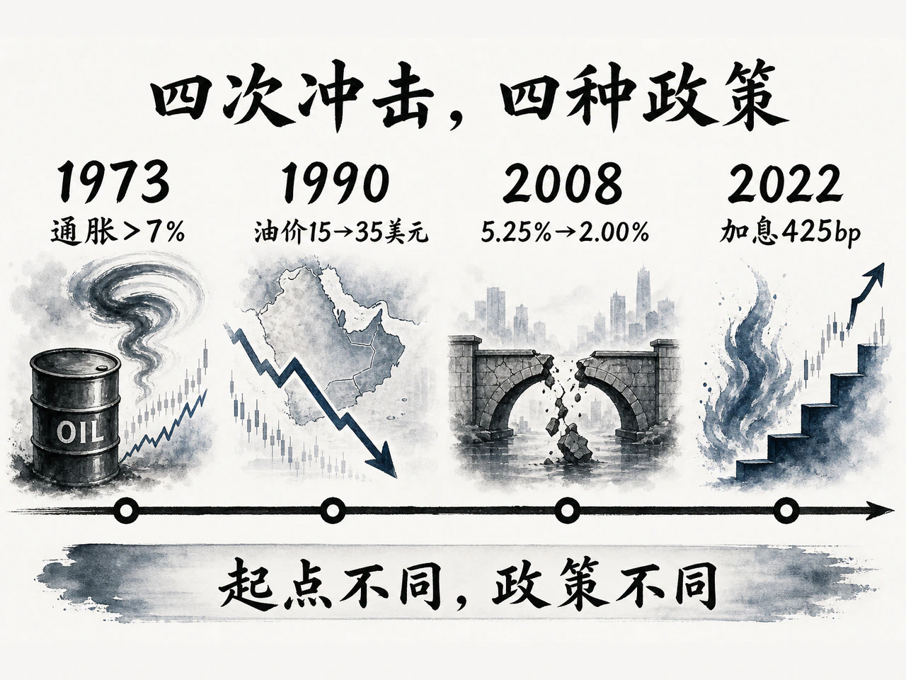 1973至2022年油价冲击与美联储政策历史对照