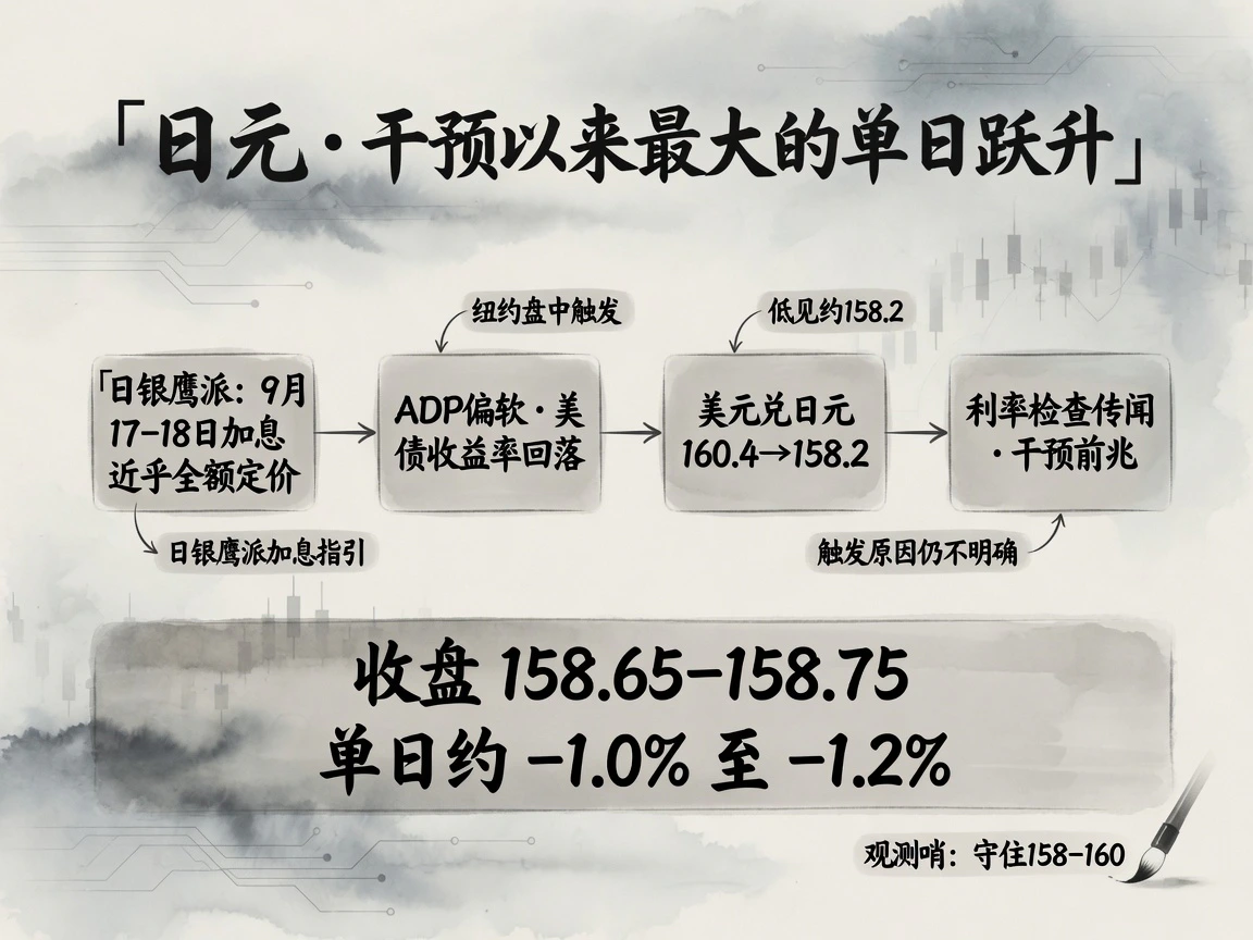 日元章图:日银鹰派指引到干预前兆的触发链路,美元兑日元160.4→158.2,收盘158.65–158.75,单日约-1.0%至-1.2%