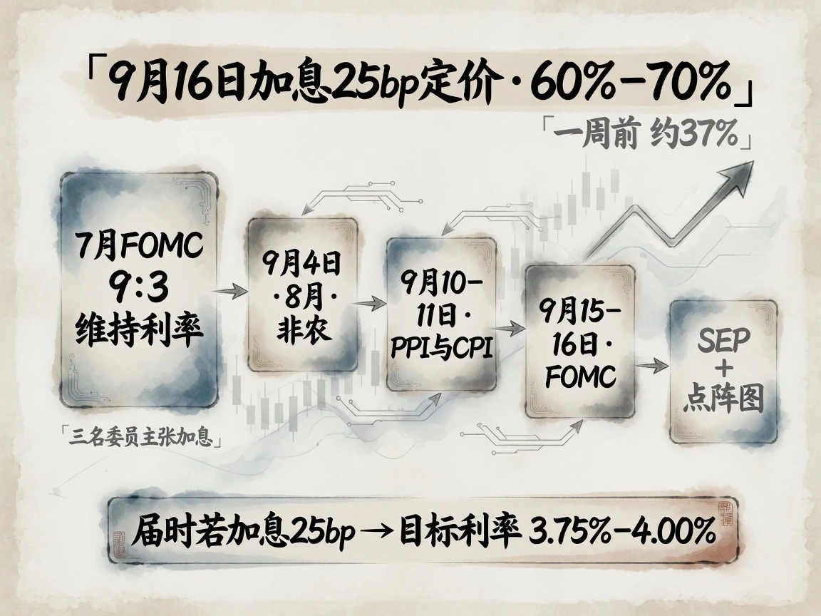 9月16日加息25bp定价60%到70%、一周前约37%,经非农与PPI/CPI通向9月15到16日FOMC的数据路线图