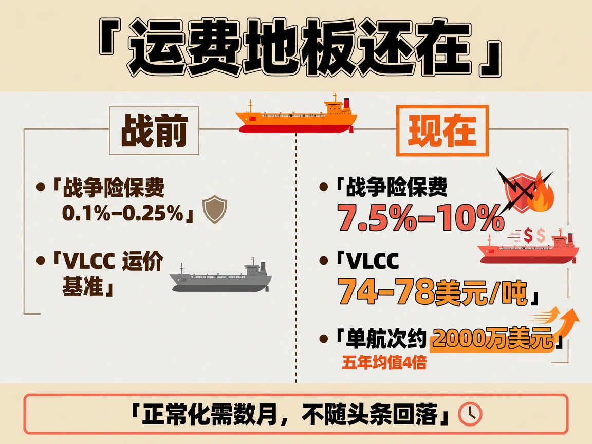 运费地板还在：战争险保费从战前0.1%–0.25%升至7.5%–10%，VLCC运价74–78美元/吨、单航次约2000万美元，约为五年均值4倍