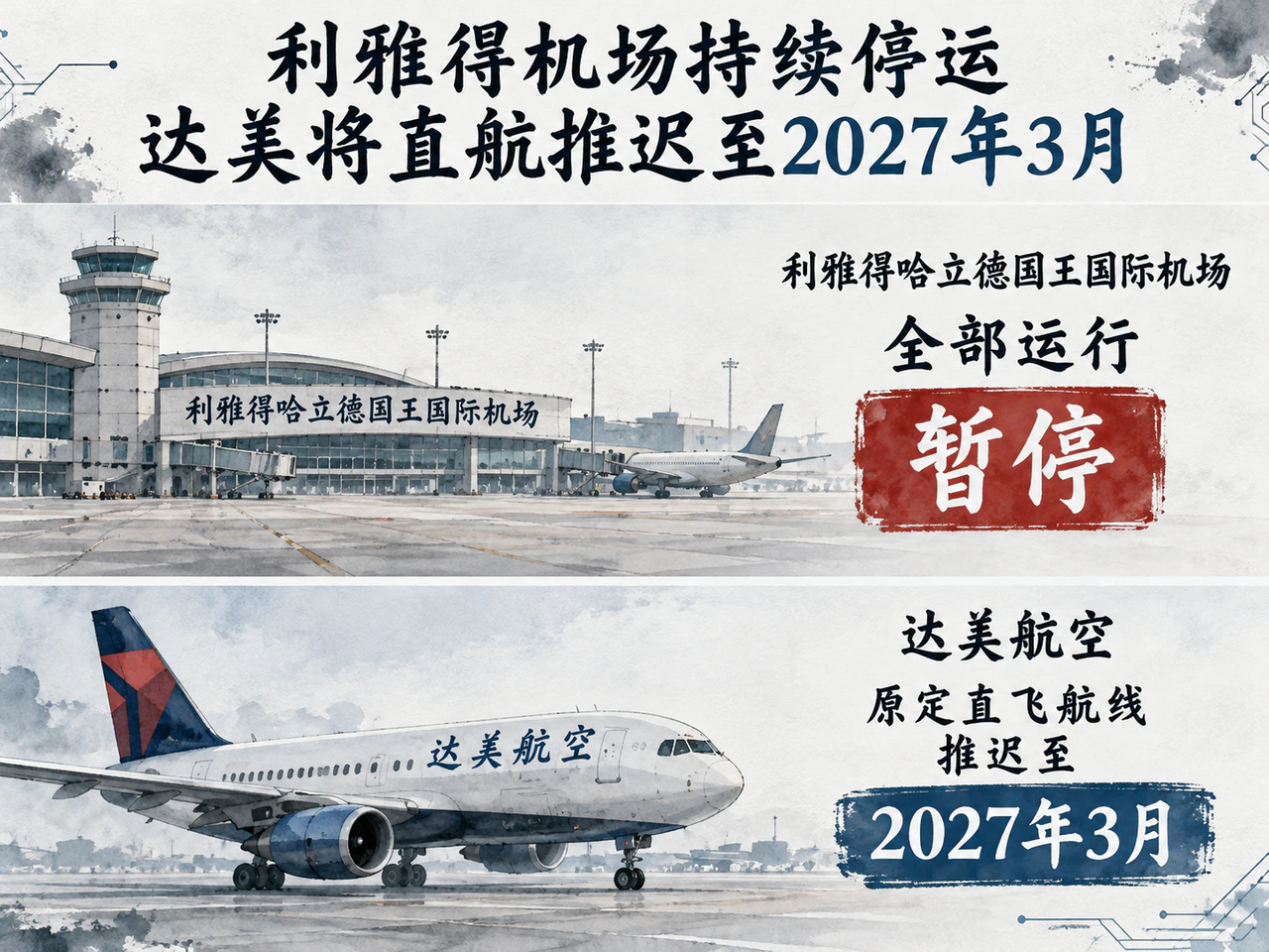 利雅得机场持续停运,达美将直航推迟至2027年3月。