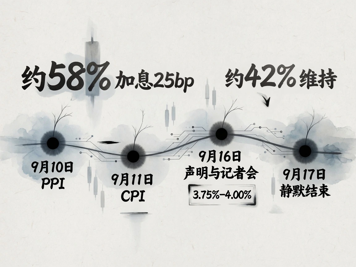 会前定价与日程:加息25个基点概率约58%,维持约42%;9月10日PPI、11日CPI,16日公布决议并举行记者会