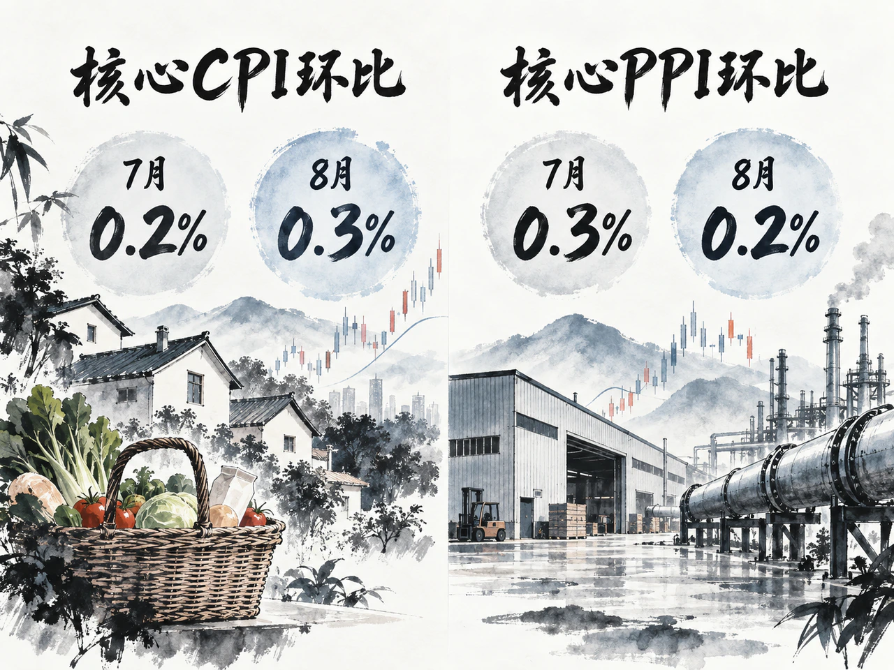 8月核心CPI环比升至0.3%，剔除食品和能源的PPI环比放缓至0.2%