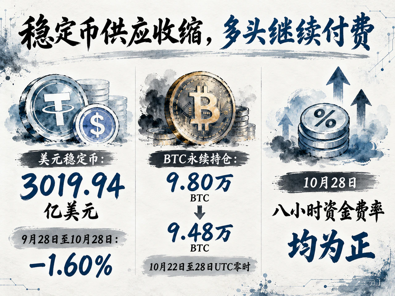 Dollar stablecoin supply was US$301.994 billion, down 1.60% between September 28 and October 28. BTC perpetual open interest fell from about 98,000 to 94,800 BTC between October 22 and October 28 at 00:00 UTC. All three October 28 eight-hour funding settlements were positive.