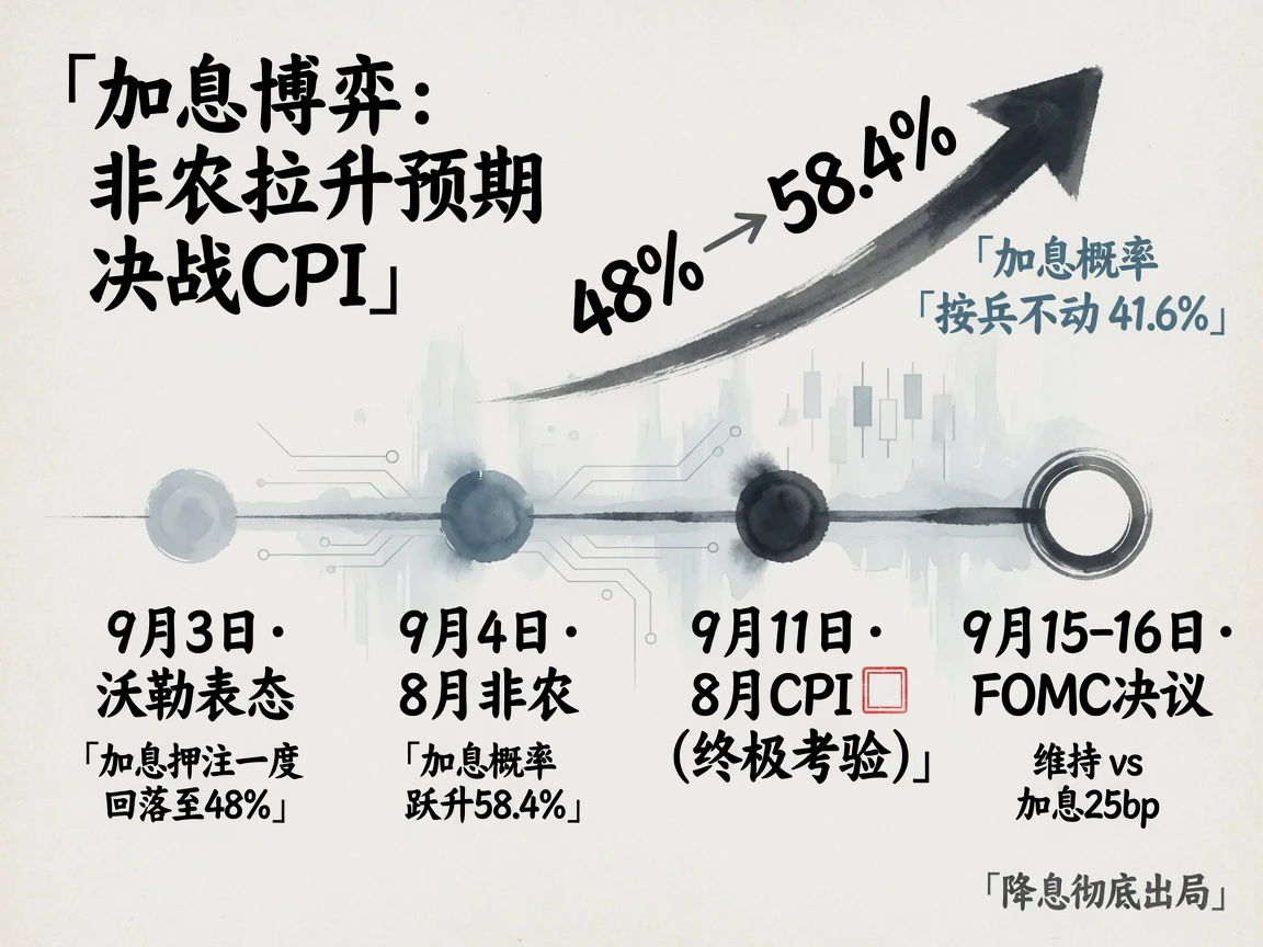 9月政策预期时间轴:非农后加息定价自48%跃升至58.4%,9月11日CPI终极考验与9月15-16日FOMC决议