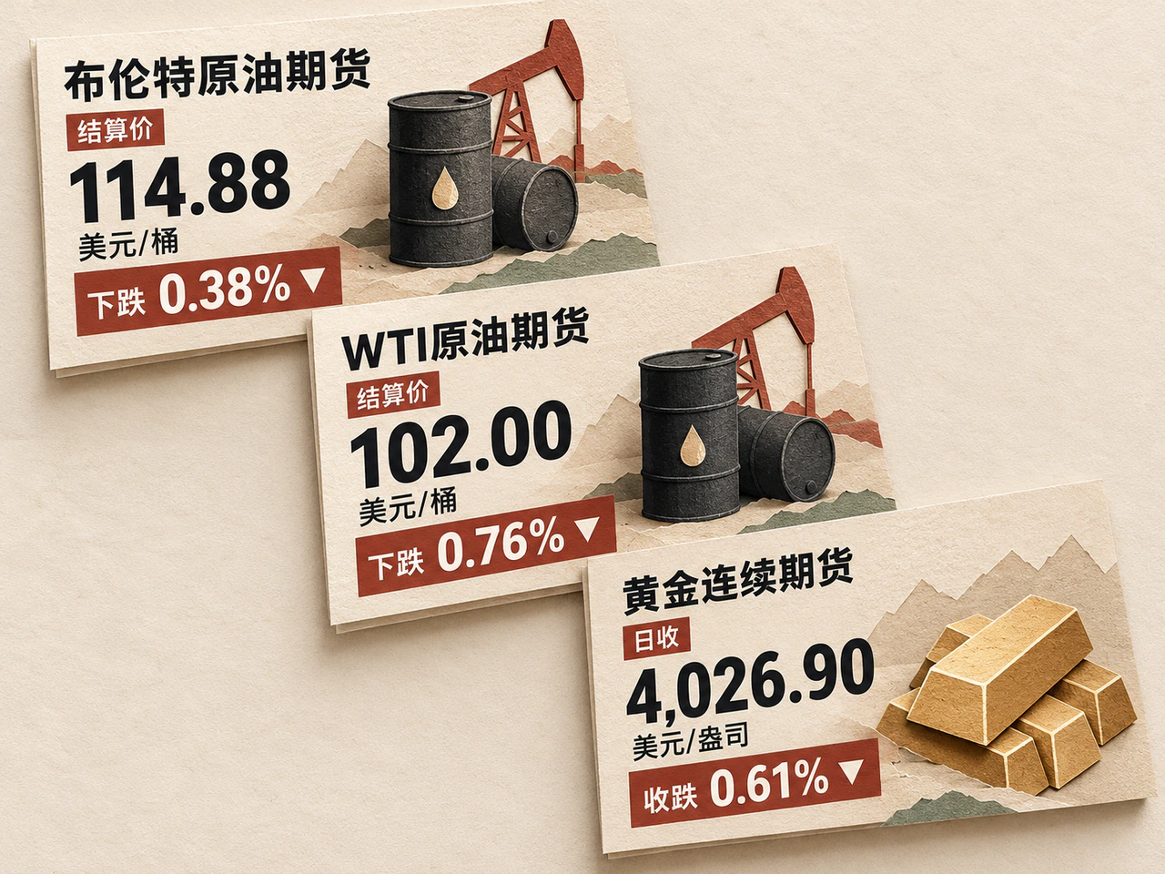 Three commodity price cards show Brent at $114.88 a barrel, WTI at $102.00 a barrel and gold continuous futures at $4,026.90 an ounce, all lower on the day.