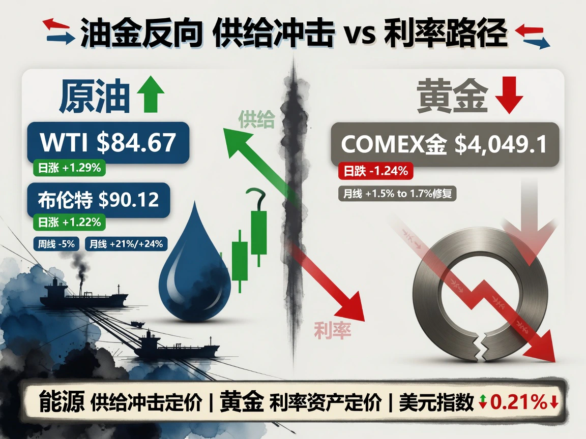 油金反向:WTI $84.67+1.29%, 布伦特 $90.12+1.22%, COMEX金 $4049.1-1.24%