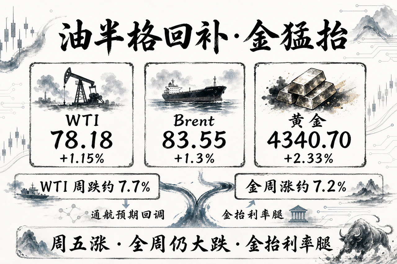 商品油市周深跌后半格回补黄金猛抬利率腿:WTI 78.18(+1.15%)、Brent 83.55(+1.3%)、黄金4340.70(+2.33%),周线WTI约−7.7%/金约+7.2%