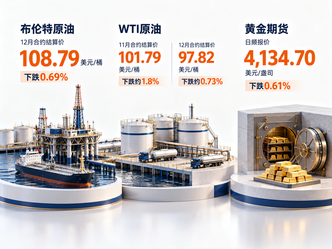 Brent, two WTI contract settlements, and gold prices.