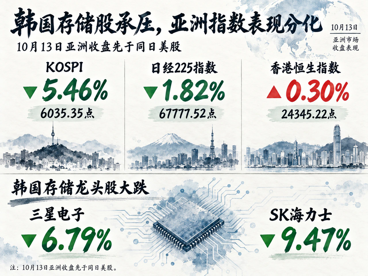 10月13日亚洲市场及韩国存储股收盘跌幅