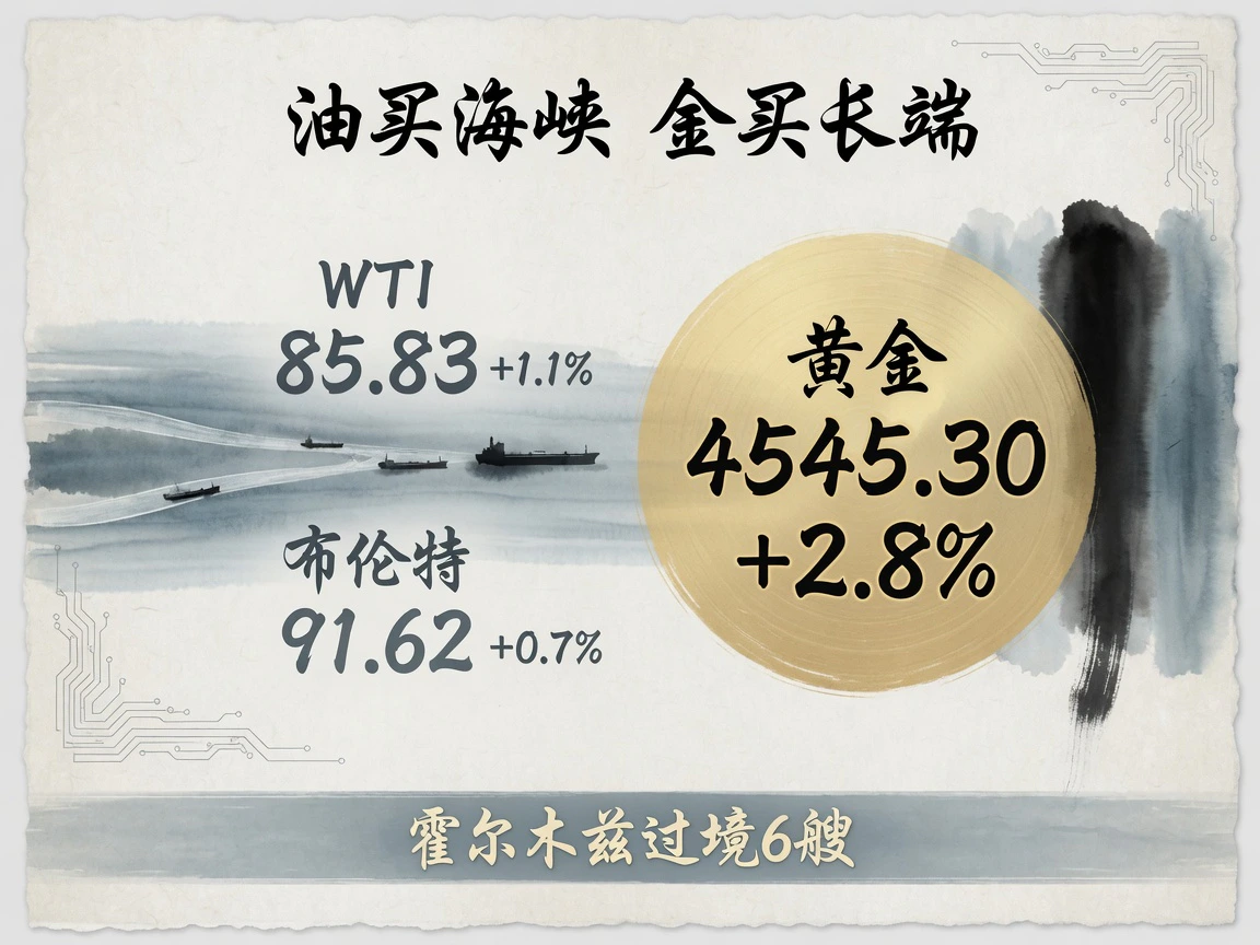 WTI结算85.83涨1.1%,布伦特91.62涨0.7%,黄金4545.30涨2.8%,霍尔木兹过境6艘