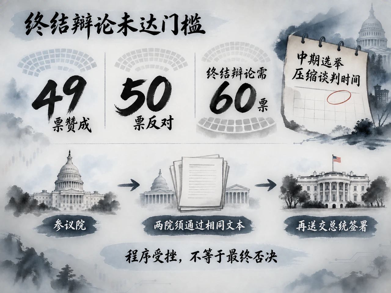 立法程序障碍：终结辩论未达60票，两院仍须通过相同文本
