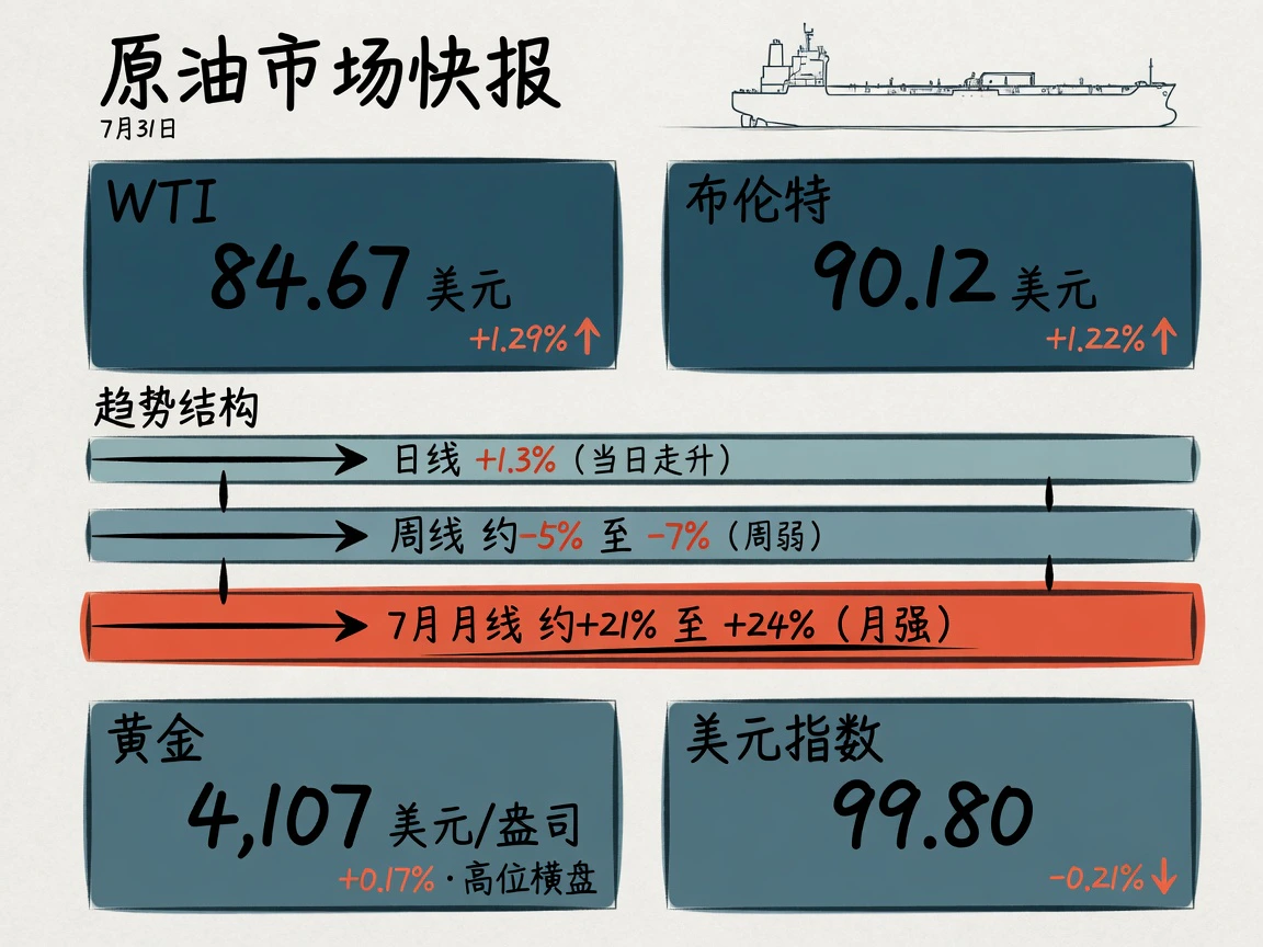 WTI 84.67美元+1.29%,布伦特90.12美元+1.22%;日线升、周线约-5%,7月月线约+21%/+24%;黄金4,107美元高位横盘