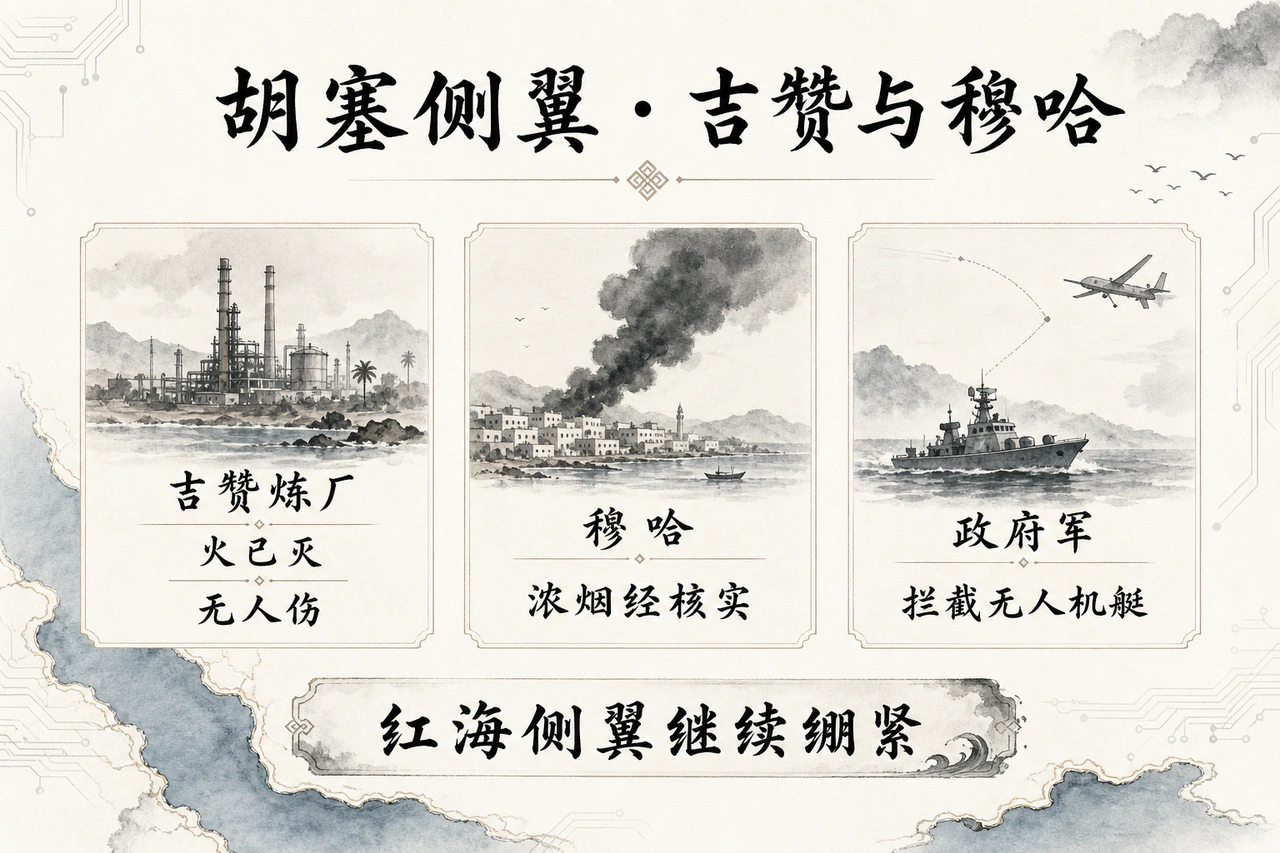 地区侧翼:胡塞袭吉赞炼厂火已灭无人伤;穆哈浓烟经核实;政府军称拦截无人机艇