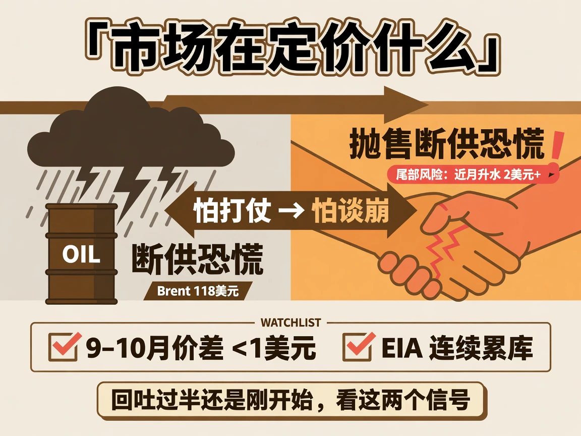 定价逻辑从怕打仗切换到怕谈崩：抛售断供恐慌，但谈判破裂的尾部风险仍值近月2美元以上升水