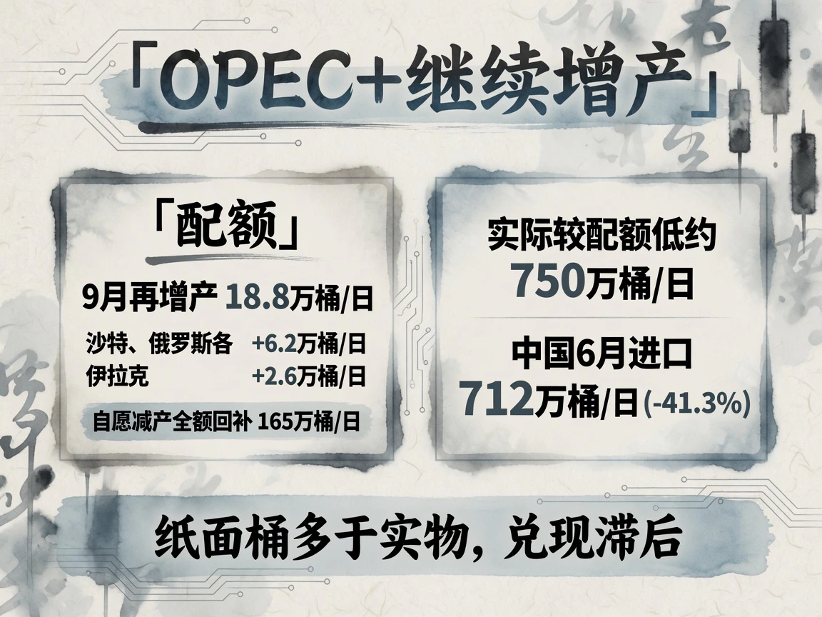 OPEC+继续增产：9月再增18.8万桶/日、165万桶/日全额回补、沙特俄罗斯各+6.2万桶/日、伊拉克+2.6万桶/日、实际低配额约750万桶/日、中国6月进口712万桶/日(-41.3%)