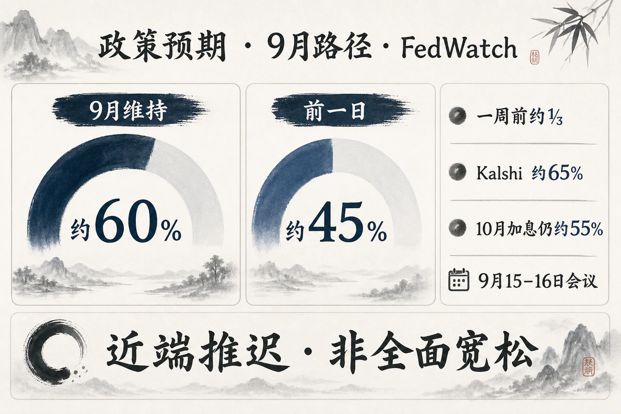 政策预期信息图:CME FedWatch显示9月维持利率约60%(前一日约45%),Kalshi约65%,10月加息仍约55%;近端推迟而非全面宽松