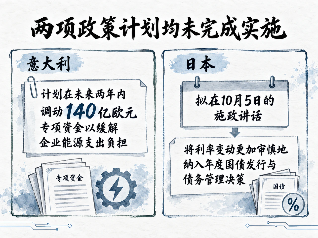 意大利拟减轻企业能源负担，日本拟将利率纳入发债决策。