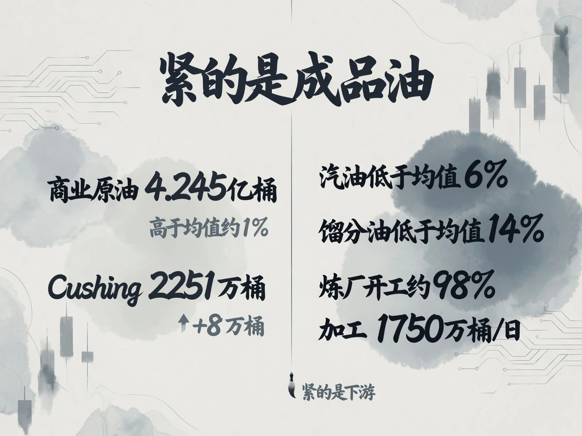 美国库存结构:商业原油4.245亿桶、高于五年均值约1%;汽油低6%、馏分油低14%;炼厂开工率约98%,加工量1750万桶/日