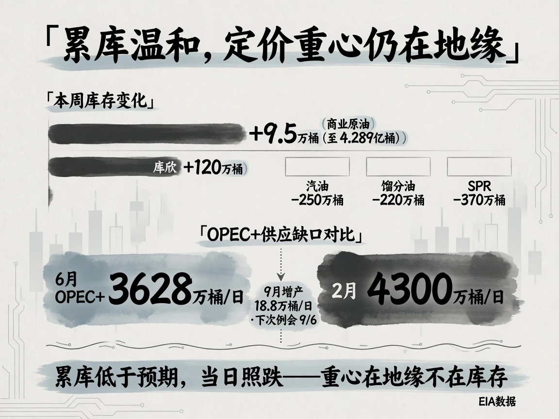 EIA周报：商业原油+9.5万桶累库温和，OPEC+供给缺口3628 vs 4300万桶/日