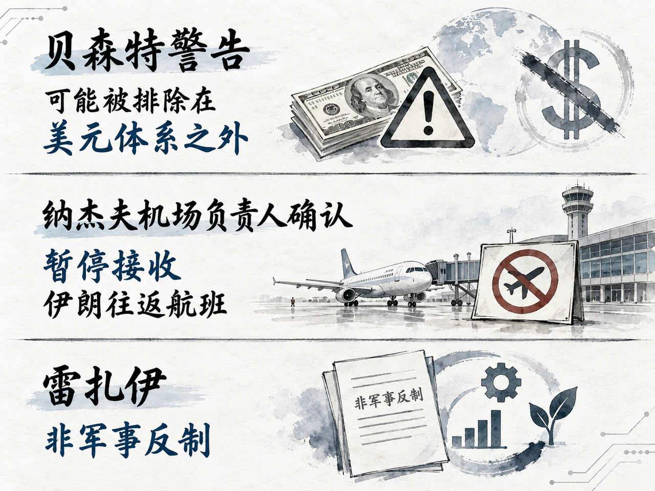 航空制裁警告、机场停航和伊方非军事反制交涉并存。