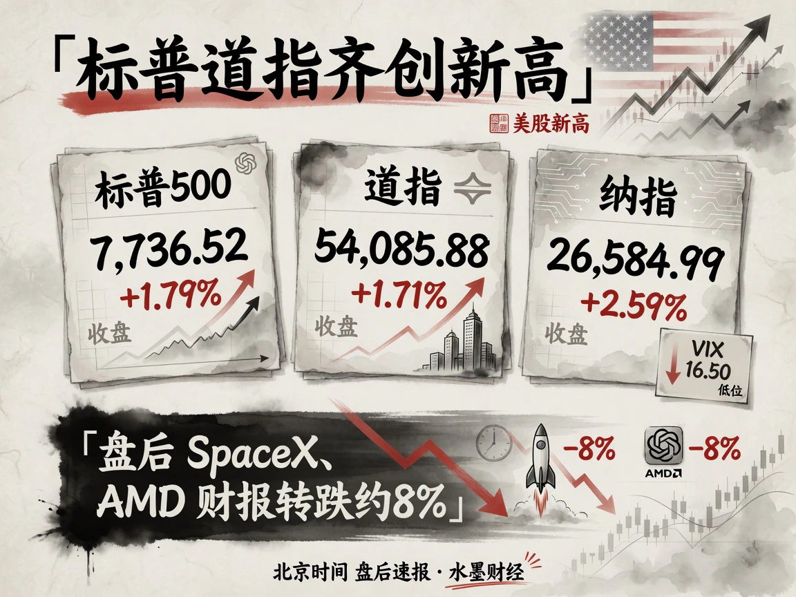 标普道指齐创新高：标普500 7,736.52(+1.79%)、道指54,085.88(+1.71%)、纳指26,584.99(+2.59%)，VIX 16.50，盘后SpaceX与AMD财报转跌约8%