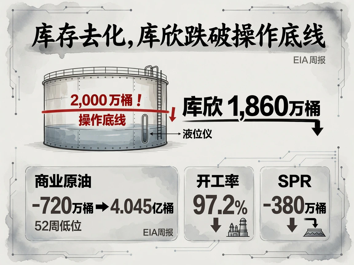 库存去化未见停步：库欣1,860万桶跌破2,000万桶操作底线，商业原油库存-720万桶至4.045亿桶，炼厂开工率97.2%