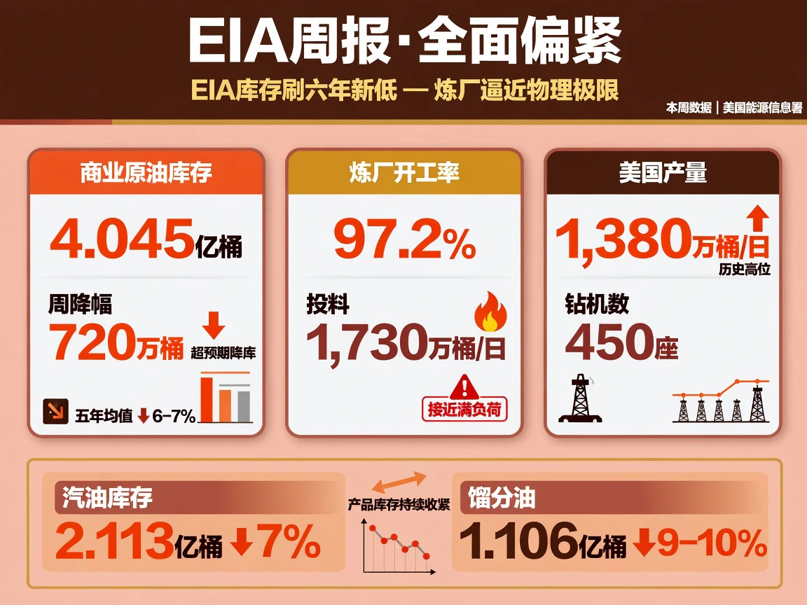 EIA商业原油库存4.045亿桶六年新低,炼厂开工率97.2%,全面偏紧