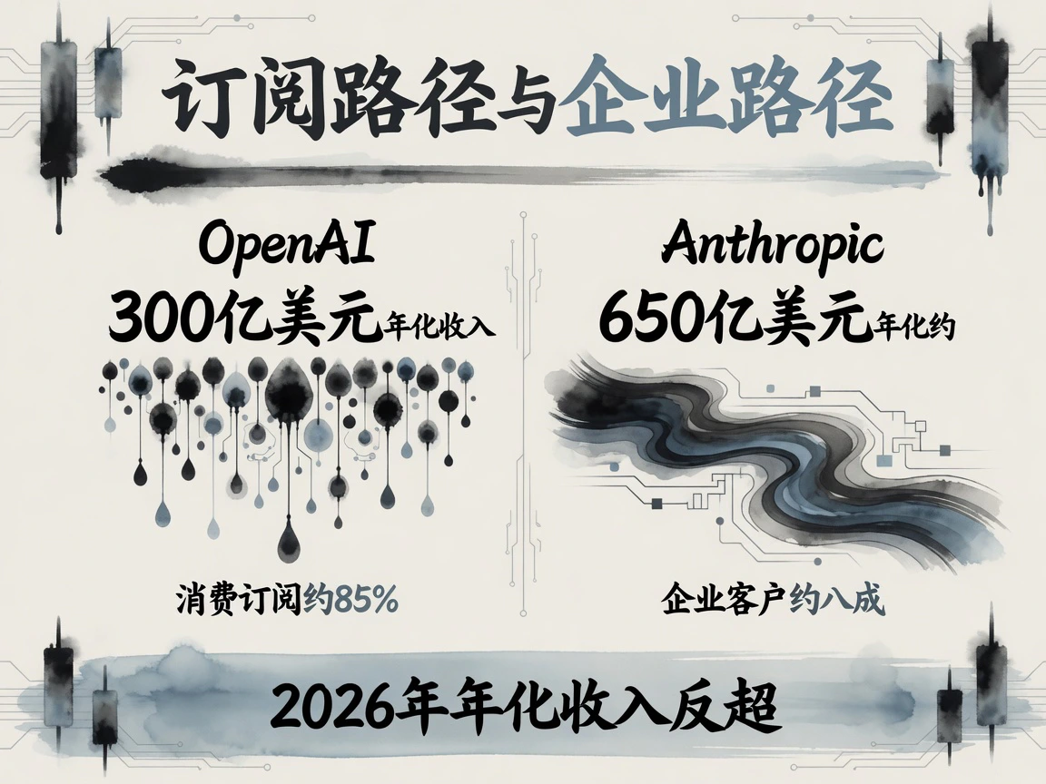 订阅路径 vs 企业路径:OpenAI年化300亿美元消费约85%,Anthropic年化约650亿美元企业约八成并反超