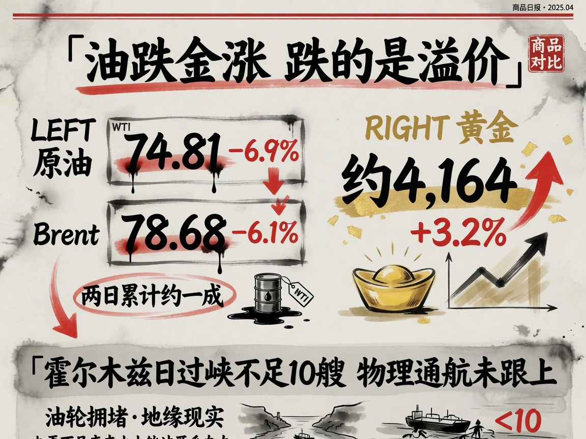 油跌金涨，跌的是溢价：WTI 74.81(-6.9%)、Brent 78.68(-6.1%)、两日累计约一成，黄金约4,164(+3.2%)，霍尔木兹日过峡不足10艘