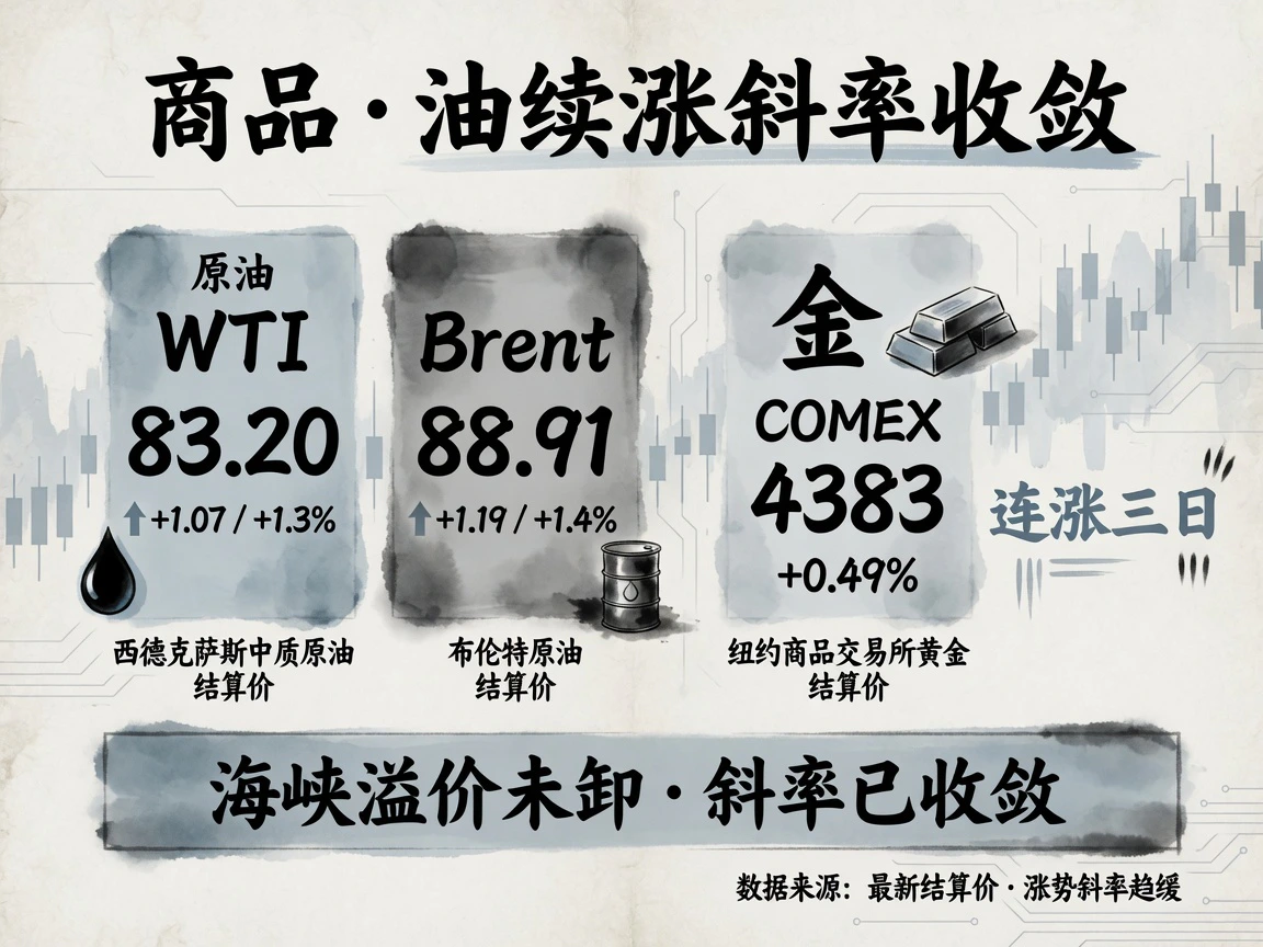 商品:WTI/Brent结算涨幅与金连涨三日