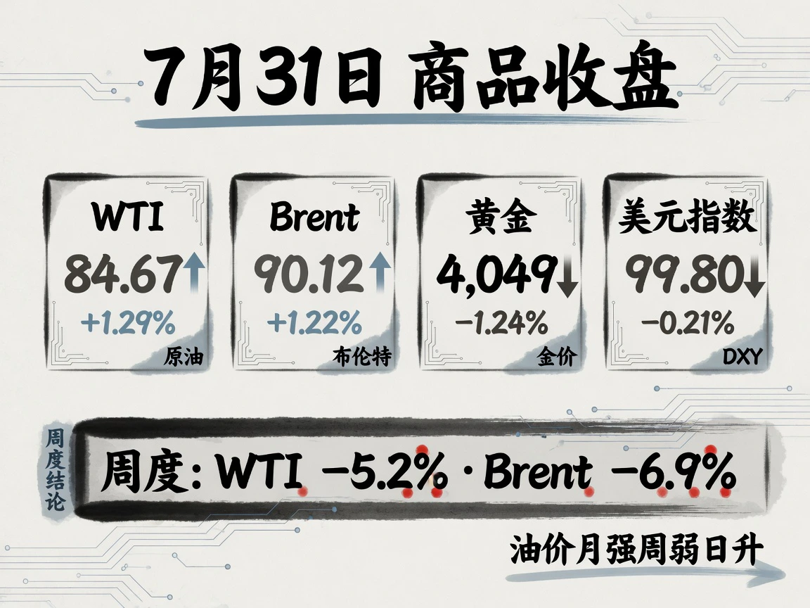 油价月强周弱日升:WTI 84.67(+1.29%)、Brent 90.12(+1.22%),黄金4,049(-1.24%)