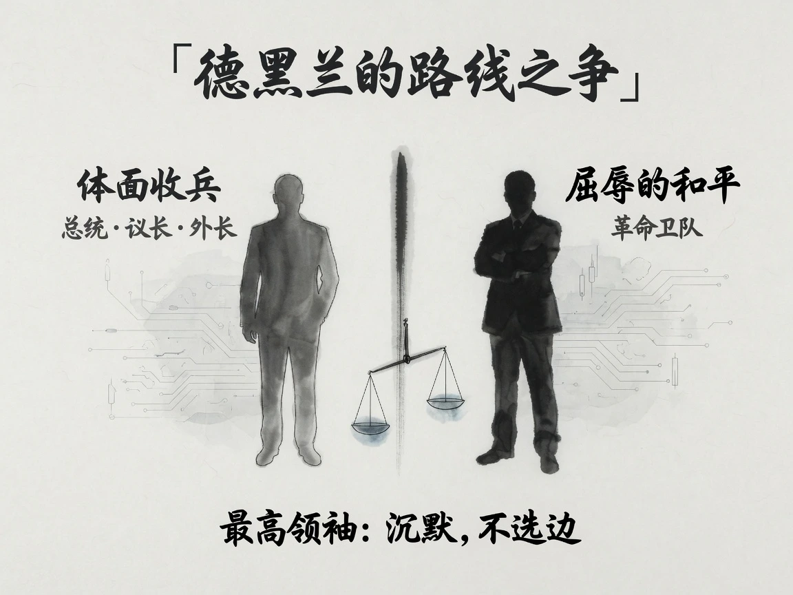 德黑兰路线之争对照图：务实派主张体面收兵，强硬派斥之为屈辱的和平，最高领袖沉默不选边