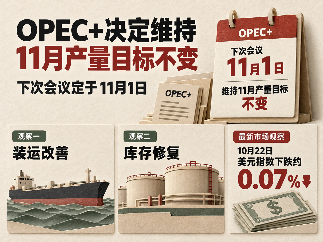 OPEC+ November target, November 1 meeting and shipping/inventory watch points.