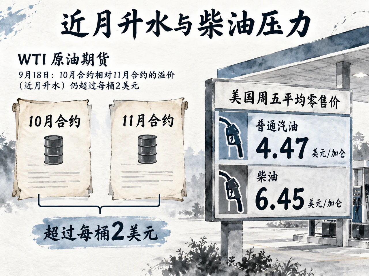 WTI相邻期货升水与美国零售燃料价格分别展示。