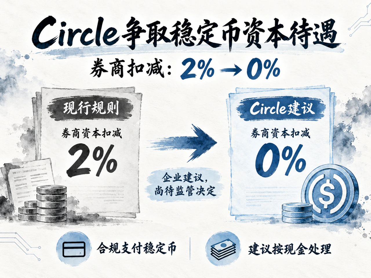 Circle proposes reducing the broker-dealer capital haircut for qualifying payment stablecoins from 2% to 0%, subject to safeguards, and seeks cash treatment. These are corporate recommendations awaiting a regulatory decision, not adopted changes.