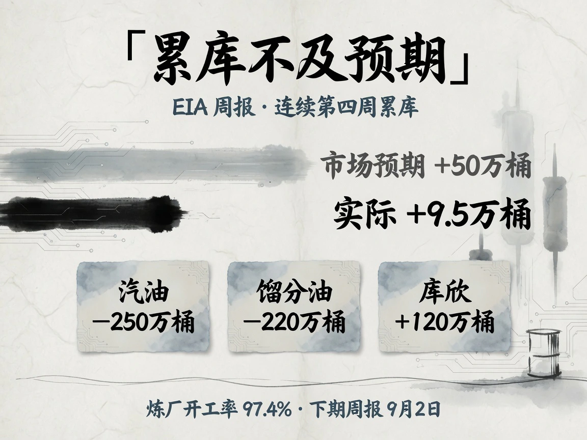 EIA累库信息图：实际+9.5万桶不及预期+50万桶，连续第四周累库，汽油−250万桶、馏分油−220万桶去库，炼厂开工率97.4%，下期周报9月2日