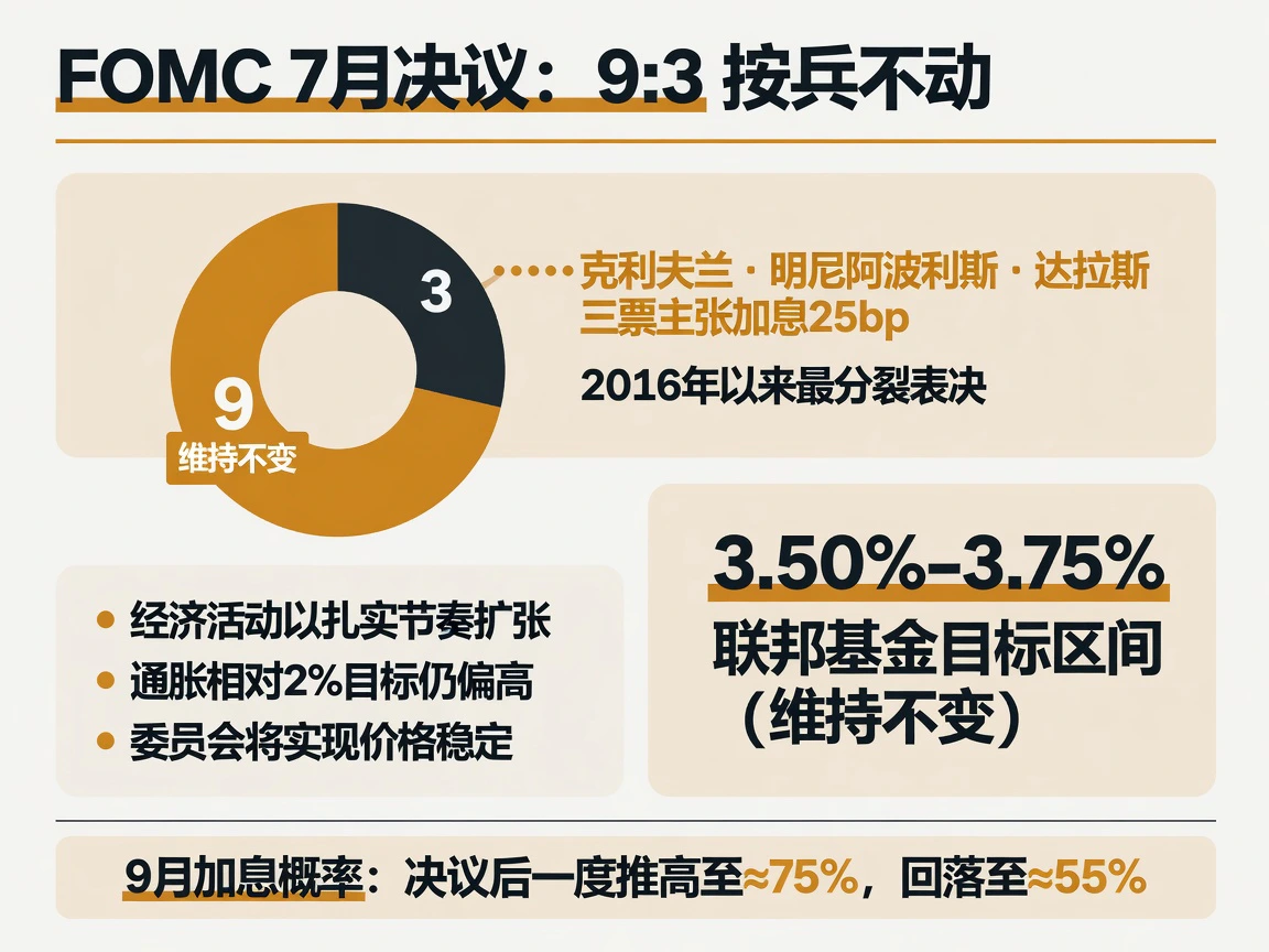 FOMC 7月决议 9:3按兵不动,三票异议主张加息25bp,2016年以来最分裂表决