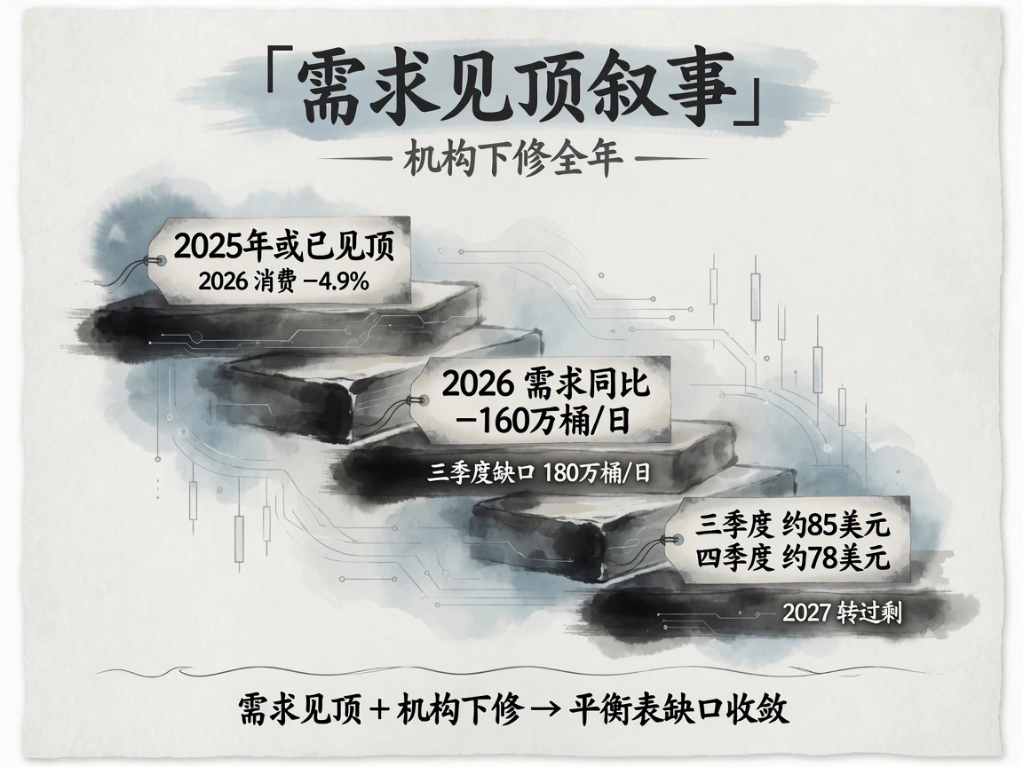 需求见顶叙事下行阶梯：2025年或已见顶、2026消费−4.9%，IEA 2026需求同比−160万桶/日、三季度缺口180万桶/日，EIA布伦特三季度约85美元至四季度约78美元，2027转过剩