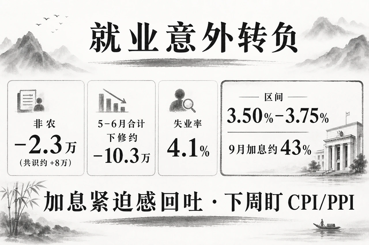 宏观就业意外转负：非农−2.3万vs共识约+8万，5–6月合计下修约−10.3万，失业率4.1%，区间3.50%–3.75%，9月加息约43%