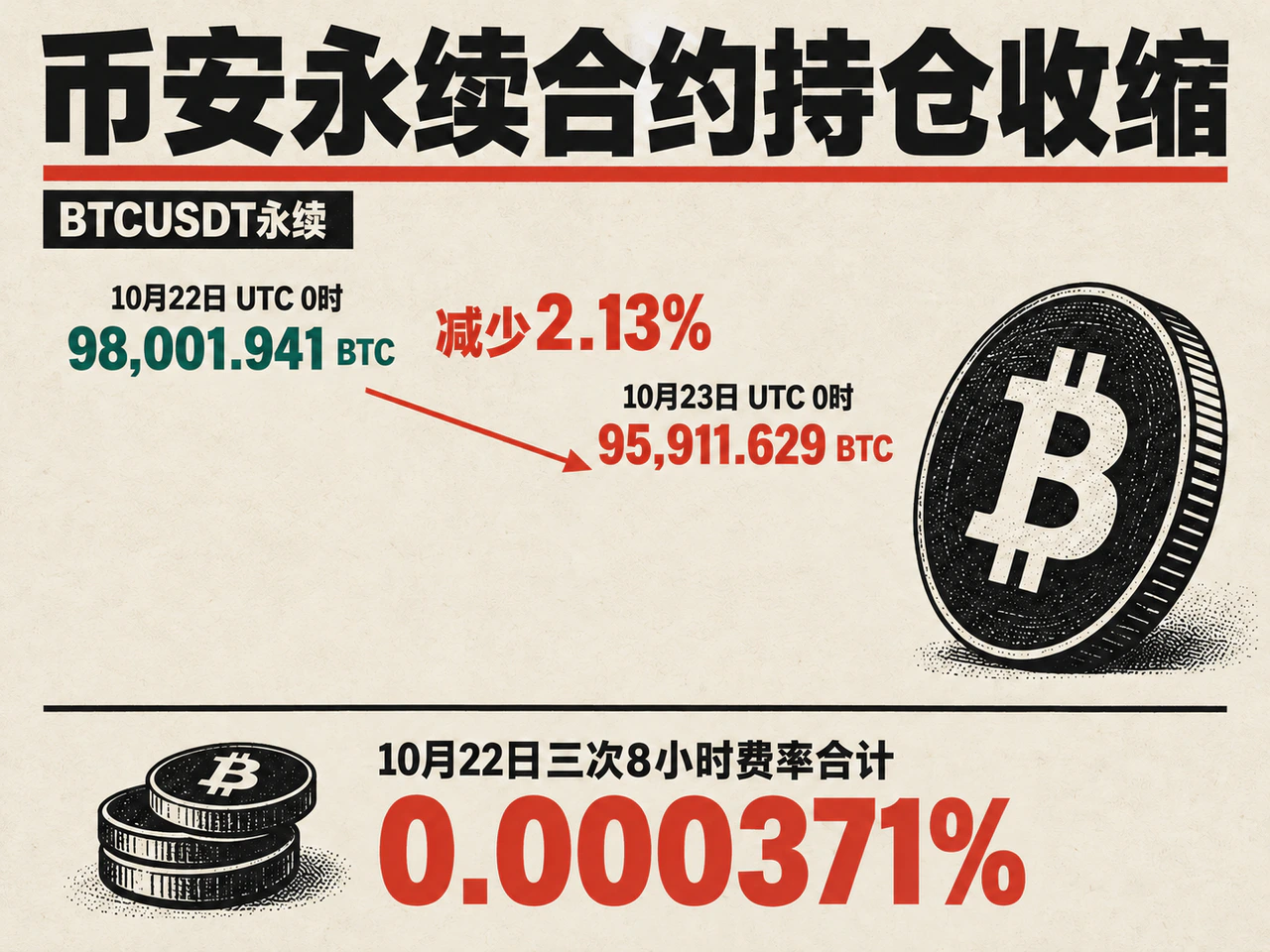 BTC perpetual open interest falls 2.13% and daily summed funding approaches zero.
