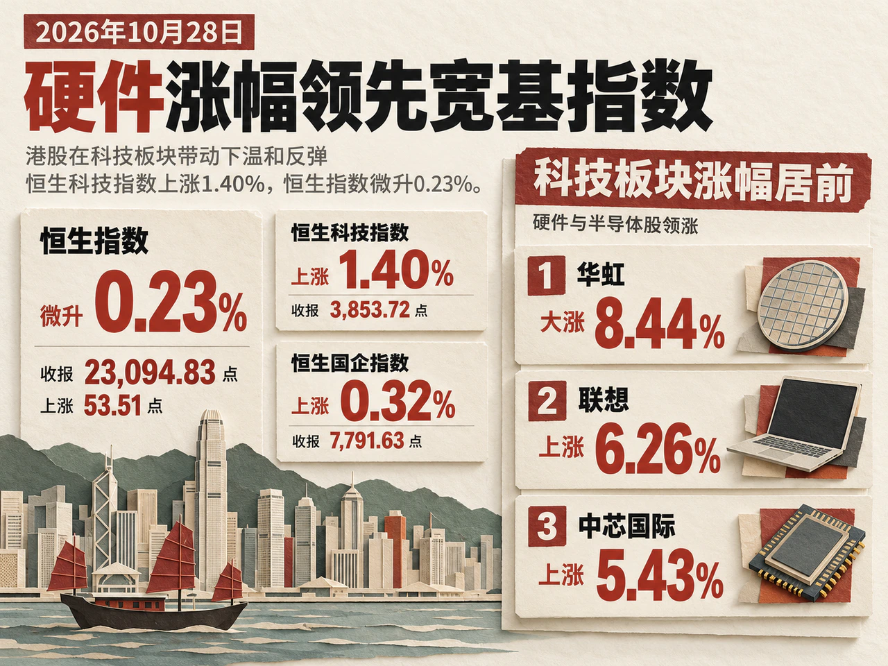 October 28 Hong Kong markets: Hang Seng +0.23% to 23,094.83 (+53.51 points); Hang Seng Tech +1.40% to 3,853.72; Hang Seng China Enterprises Index +0.32% to 7,791.63. Hardware leaders: Hua Hong +8.44%, Lenovo +6.26%, SMIC +5.43%.
